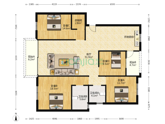 警苑小区 4室1厅2卫 146平方