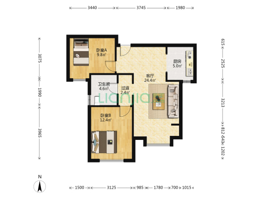 中海国际公园城瞰湖苑 2室1厅1卫 86平方
