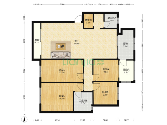 恒鹏花园西区 4室1厅2卫 157平方