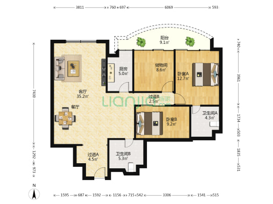 天湖大厦 2室1厅2卫 131平方