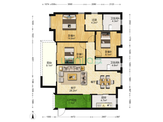 万科又一城 3室1厅2卫 122平方