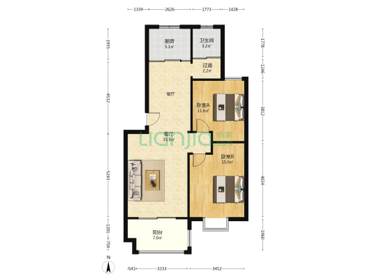 绿城雅苑 2室1厅1卫 88平方