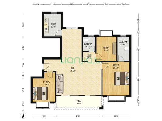 钟山峰景 3室1厅2卫 129平方