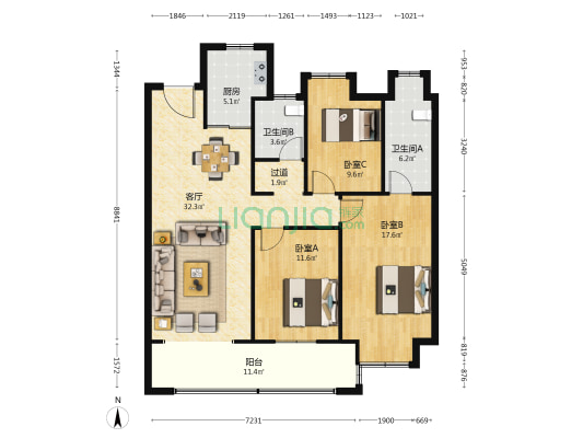 平安璟园 3室1厅2卫 122平方