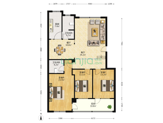 卫计委宿舍 3室2厅2卫 148平方