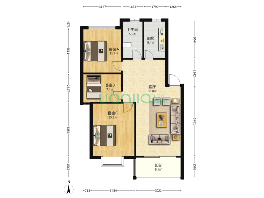 绿色名人公馆 3室1厅1卫 100平方
