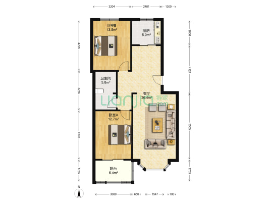 宏远二号院精装修两居室拎包入住中间楼层采光好-户型图