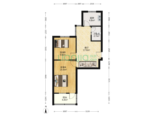 轴承厂家属院 2室1厅1卫 64平方