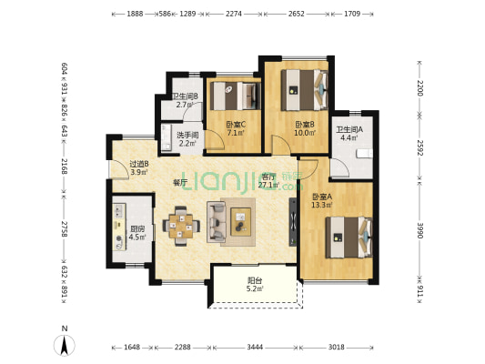 万科第五园 3室1厅3卫 90平方