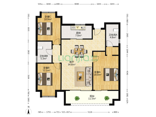 雅居乐万科中央公园 3室1厅2卫 135平方