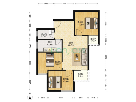 碧湖园 3室1厅1卫 85平方