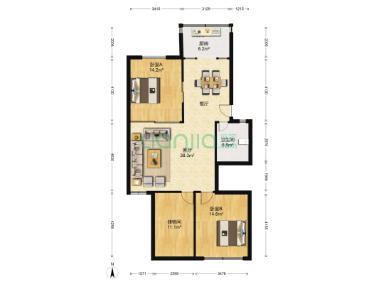 福升楼 2室1厅1卫 114平方