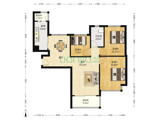 恒大绿洲二期 3室1厅1卫 103平方