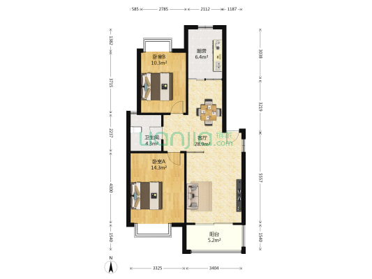 白帝海棠小区 2室1厅1卫 89平方