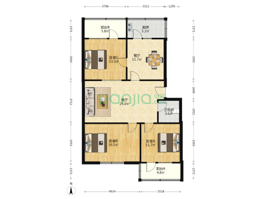 北大街121号 3室2厅1卫 122平方