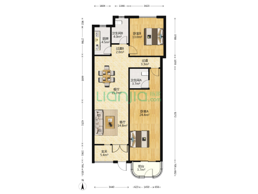 东方御花园 2室2厅2卫 113平方