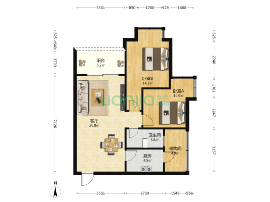 展兴汇景名城 2室1厅1卫 83平方