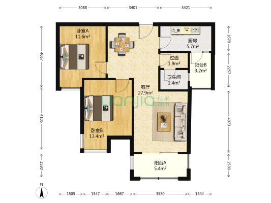 双湖铭座 2室1厅1卫 90平方