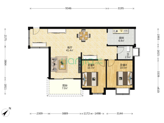 香榭名苑 2室1厅1卫 94平方