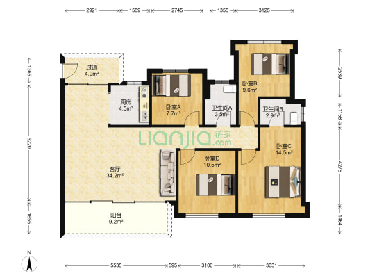 金辉天鹅湾 4室1厅2卫 127平方