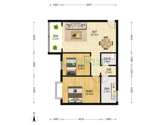 北辰商寓 2室1厅1卫 80平方