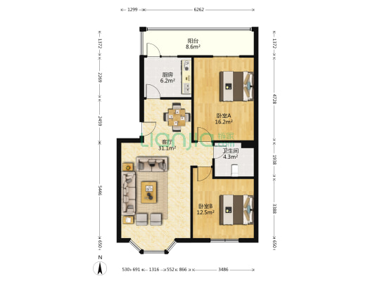 柳浪湾2号院 2室1厅1卫 88平方