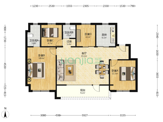 新发朗诗熙樾府 4室1厅2卫 119平方