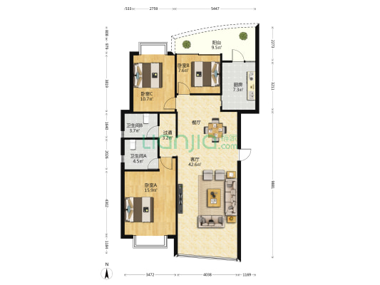 格林春天 3室1厅2卫 123平方