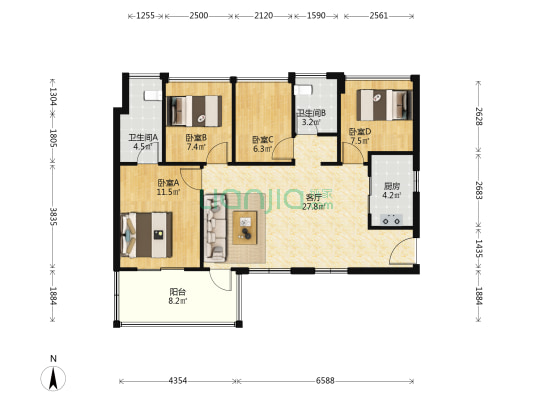 万科幸福悦D区 4室1厅2卫 93平方