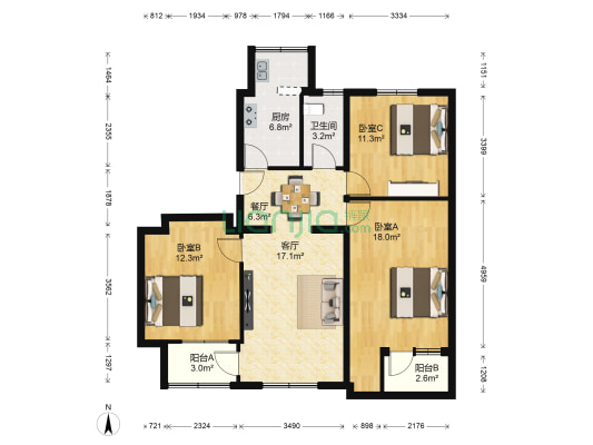 礼士胡同甲66号院 3室2厅1卫 101平方