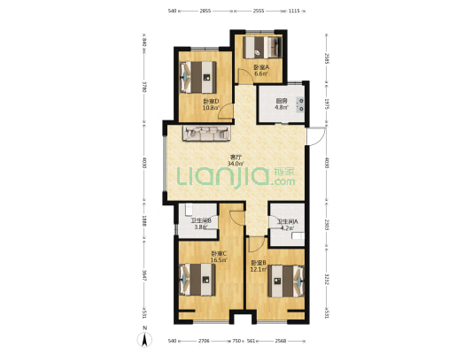 赞城B区 4室1厅2卫 131平方