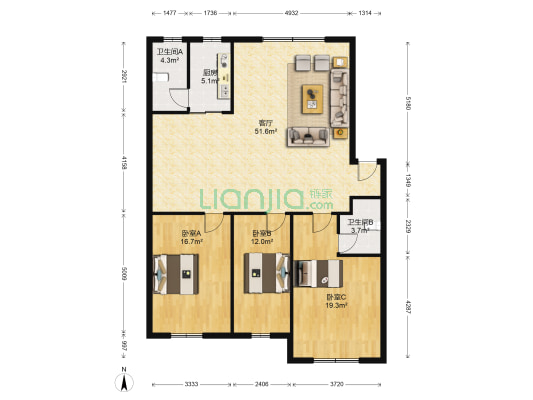 中山东路磁性厂 3室1厅2卫 127平方
