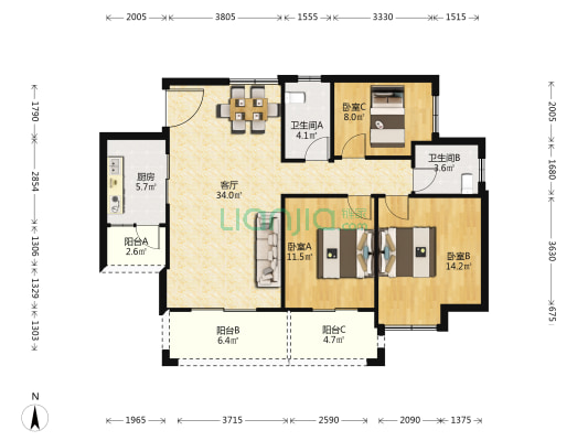 森语公园 3室1厅2卫 118平方