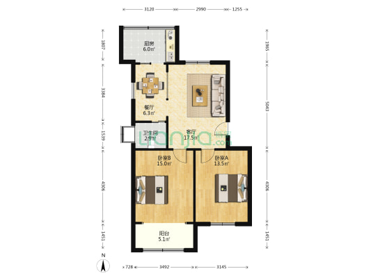 水果湖供暖小区 2室2厅1卫 74平方