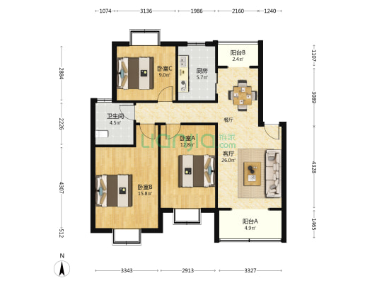 瓜埠花园 3室1厅1卫 97平方