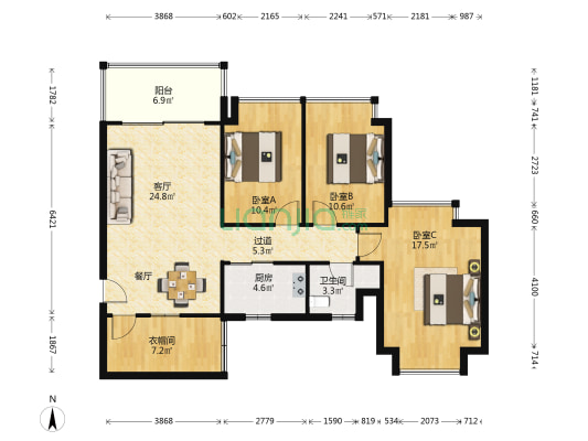 恒大城西区 3室1厅1卫 100平方