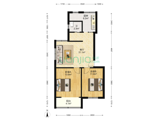 胶州市自来水公司宿舍楼 2室1厅1卫 75平方