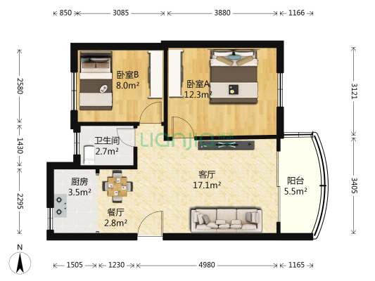 康乐花园(香洲区) 2室2厅1卫 62平方