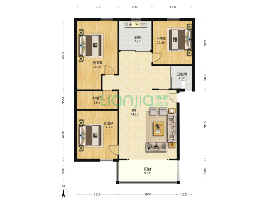 御花园 3室1厅1卫 138平方