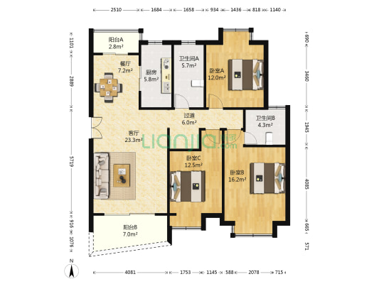 恒联新天地花园 3室2厅2卫 123平方