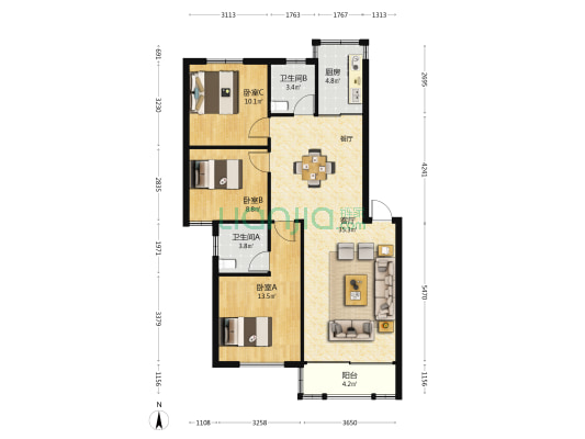 青竹花园三期 3室1厅2卫 101平方