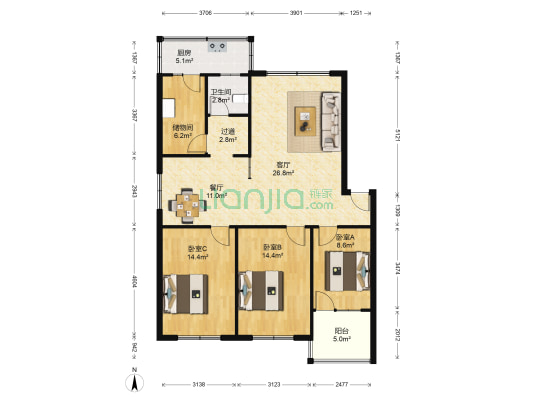云帆都市嘉园 3室2厅1卫 116平方