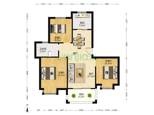 红海苑 3室1厅1卫 109平方