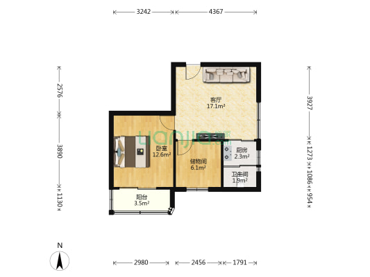 海南大厦 1室1厅1卫 65平方