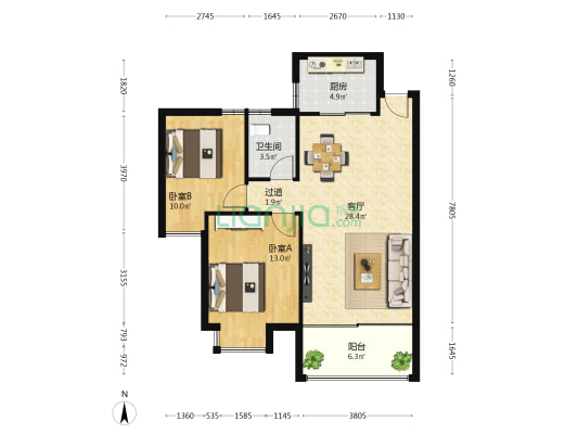 谐安花园 2室1厅1卫 87平方