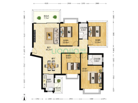 建工城 4室1厅2卫 119平方建工城户型图根据链家网调查数据显示