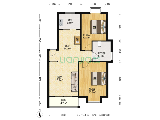 天一家园 2室2厅1卫 87平方