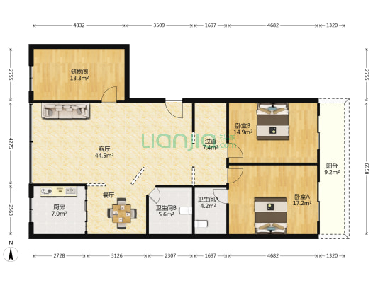 洪岭公寓 2室1厅2卫 144平方