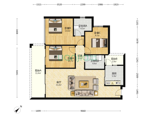 人居越秀和樾林语林涧 3室1厅2卫 114平方
