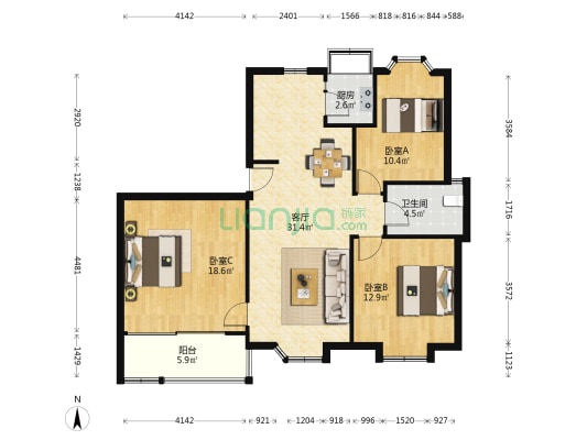 新洲苑 3室1厅1卫 104平方